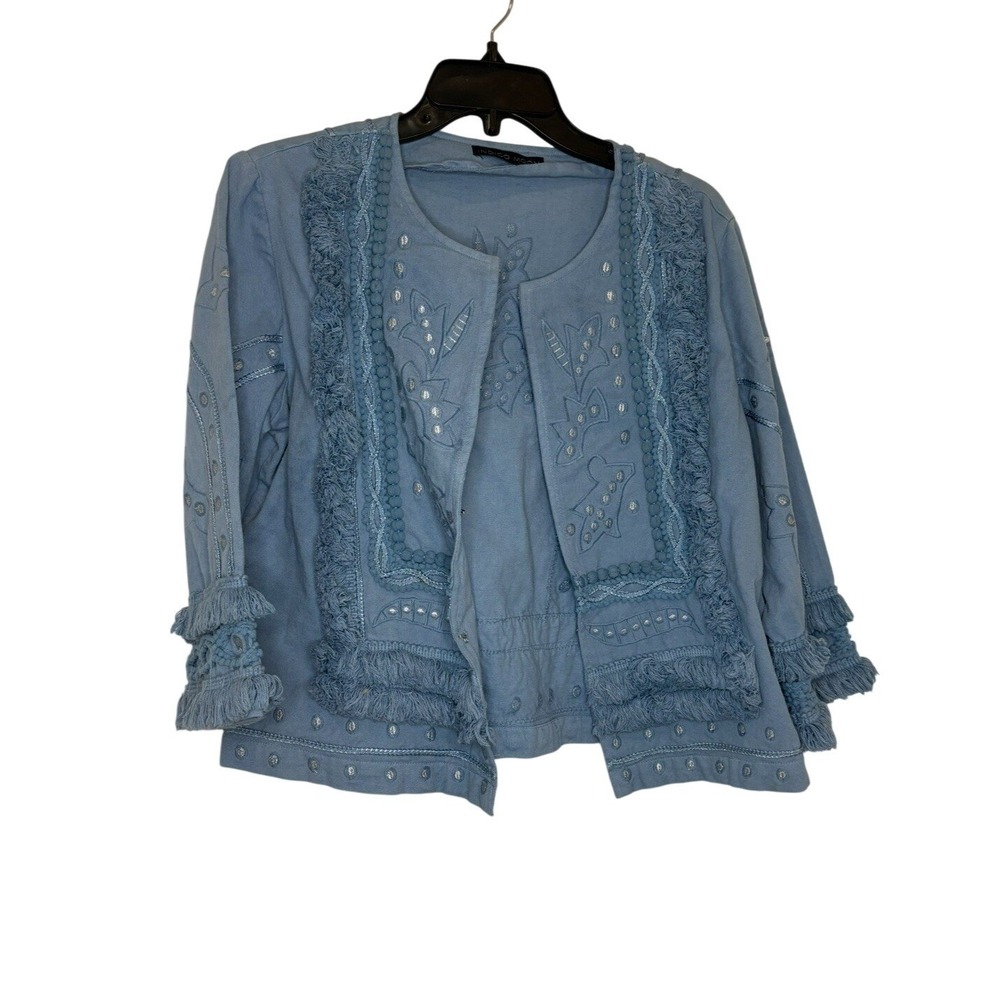 Indigo Moon‎ Women's 100% Light Denim Jacket Coat Embroidered Fringe S Small